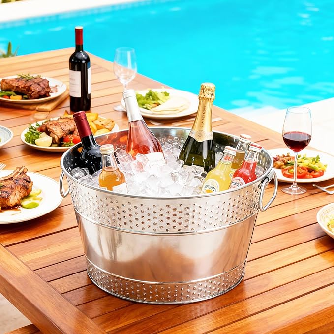 2PCS Galvanized Tub Ice Bucket For Parties, Thick Metal Galvanized Drink Buckets, Beverage Bucket with Handles,Drink Bucket for Indoor & Outdoor Party (Sliver)