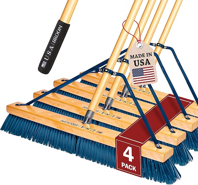 4-Pack - 36" Heavy Duty Outdoor Push Broom with 60" Handle. Ideal for Asphalt, Concrete & Heavy Debris. Durable American Made Steel Brackets-Stainless Steel Hardware. No Plastic. 100% USA Made