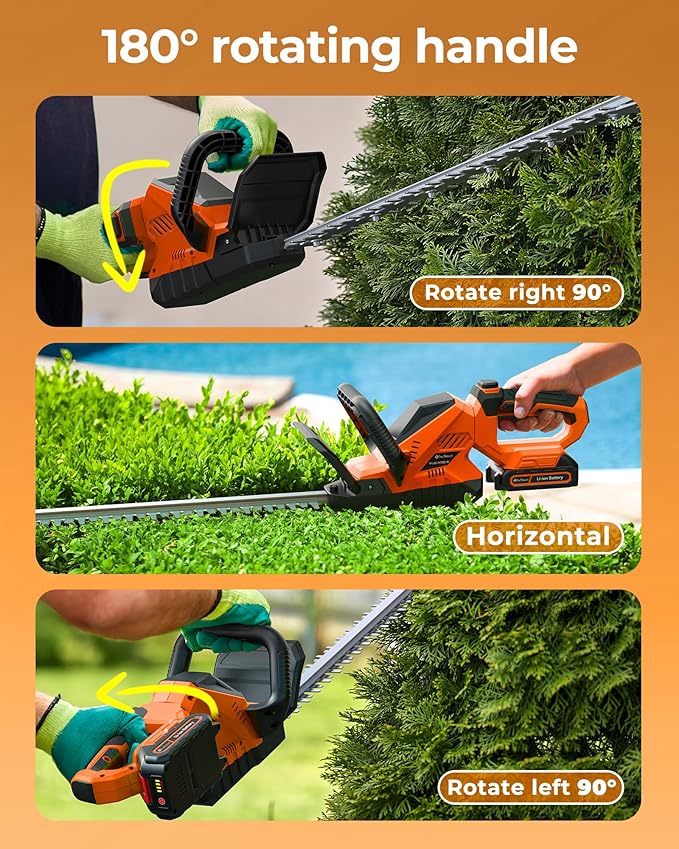20'' Hedge Trimmer Cordless, 3000RPM Electric Handheld Bush Trimmer with 2 x 2.0Ah Batteries, 180° Rotatable Head, Lightweight and 2/3'' Blade Gap for Garden Yard