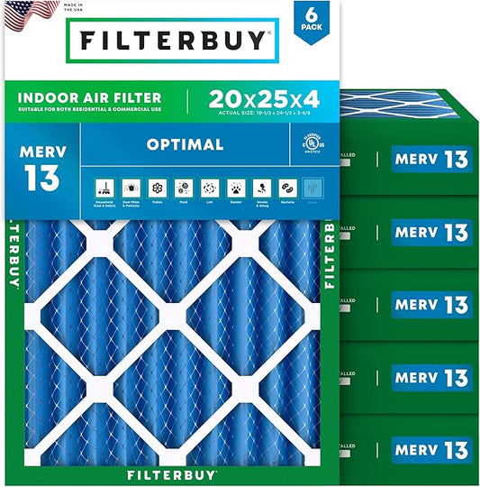 Filterbuy 20x25x4 Air Filter MERV 13 Optimal Smoke & Allergy Defense (6-Pack), Electrostatic Pleated HVAC AC Furnace Filters Replacement, Made in USA (Actual Size: 19.50 x 24.50 x 3.63)