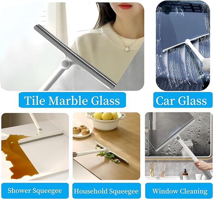 2-Pack 10.6-Inch Rotatable Window Squeegee with Flexible Rubber Blade – Heavy Duty Streak-Free Cleaner for Shower Glass, Car Windshield, Mirrors & Tiles, 13.6" Ergonomic Handle & Hanging Hole
