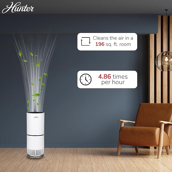 Hunter Fan Company HP670 Air Purifier for Allergies, Removes Dust, Smoke, Mold, and Pollen, Covers up to 195 Sq. Ft., Digital Tall Tower, Denim