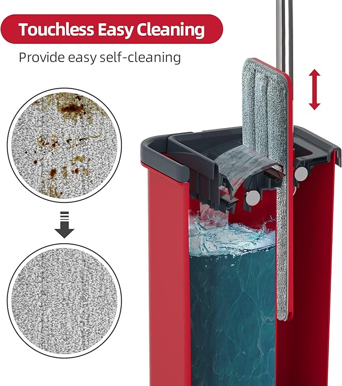 Mop and Bucket with Wringer Set, Flat Mop and Bucket, Squeeze Floor Mop with 3 Washable Microfiber Mops, Wet and Dry Use, Household Cleaning Tools, for Hardwood Floor, Laminate, Tile