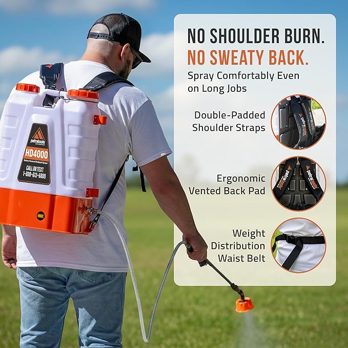 PetraTools Battery Powered Backpack Sprayer 4 Gallon - 6 Hours Long Battery Life & Padded Straps for Comfort - HD4000 Electric Backpack Garden Sprayer with 6 Spray Nozzles & 90PSI Adjustable Pressure