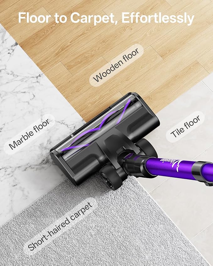 Cordless Vacuum Cleaner, 8-in-1 Cordless Stick Vacuum Cleaner with 3 Suction Modes, Up to 45mins Runtime, Rechargeable, Self-Standing, Vacuum Cleaners for Home Pet Hair Carpet Car Hard Floor, Purple