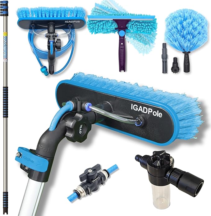 IGADPole 12 FT Water-Fed Washing Kit with Soap-Dispenser, Brush, 10″ Squeegee & Cobweb Duster for Windows, Gutters, Solar Panels & Exterior Walls