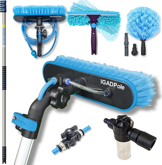 IGADPole 12 FT Water-Fed Washing Kit with Soap-Dispenser, Brush, 10″ Squeegee & Cobweb Duster for Windows, Gutters, Solar Panels & Exterior Walls