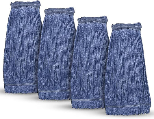 20oz Heavy Duty Cleaning Mop Head Replacement - 4 Pack - Commercial Replacement, Wet Industrial Blue Cotton Looped End String Head Refill