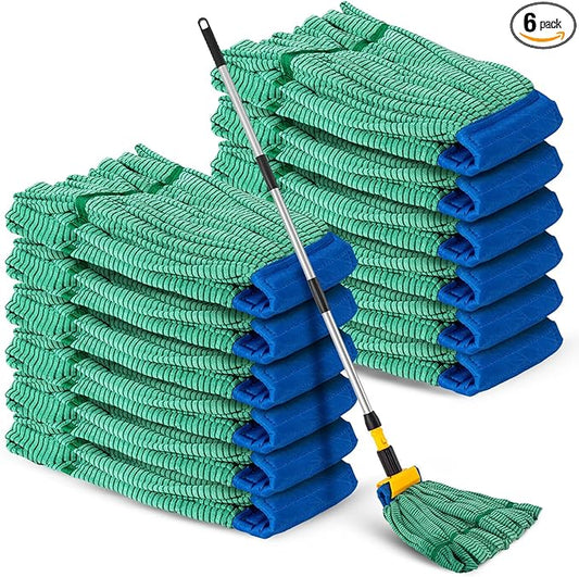 Hushee 6 Pack Large Microfiber Tube Mop Heads 18 oz Heavy Duty Commercial Industrial Wet Mop Head Refill Reusable Machine Washable Looped End Mopheads for Hardwood, Tile, Laminate Floors, Green