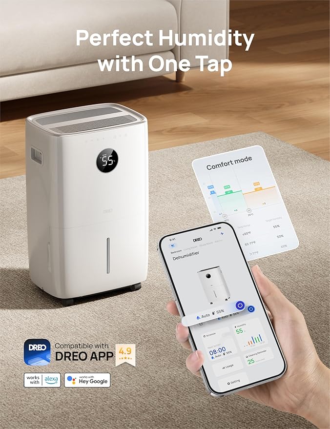 DREO 110-Pint Smart Dehumidifier for Basement, 4500 Ft² for Large Room, 2 Gallon Water Tank, Auto/Comfort/Constant Mode Dehumidifiers for Home, Bedroom, Bathroom, with Drain Hose, Starlight, 711S