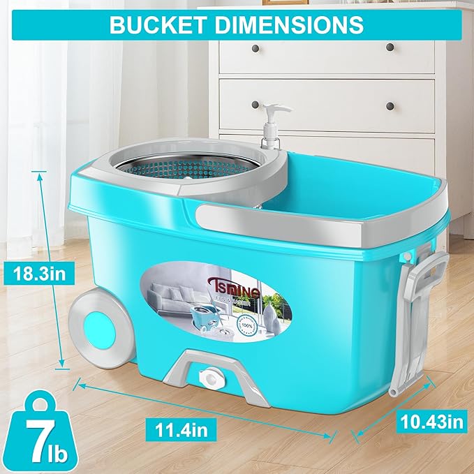 FunClean Spin Mop and Bucket,Mop and Bucket with Wringer Set for Home,360 Spinning Mopping Floor Cleaning Tool with 4 Microfiber Replacement Head Refills,61" Extended Handle, 2X Wheel - Blue