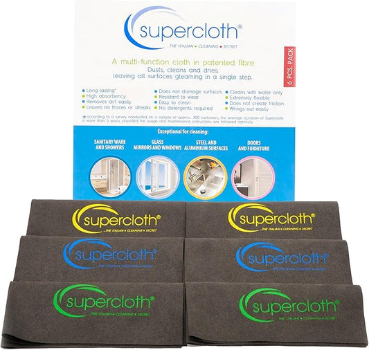 Supercloth® Premium Microfiber Cleaning Cloth for All-Purpose, Lasts Over 5 YEARS, Glasses Cleaning Cloth, Microfiber Cleaning Cloth for Cars, Magic Reusable Cloth Streak-Free 100% Made in Italy (6pk)