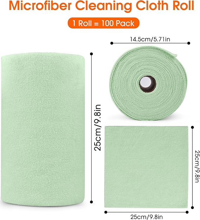 Microfiber Cleaning Cloth Roll - 100 Pack Tear Away Microfiber Paper Towels, Reusable, Washable, Scratch-Free, Kitchen Towels for Car, Home, Kitchen, Glass, Dishes(Bean Green)