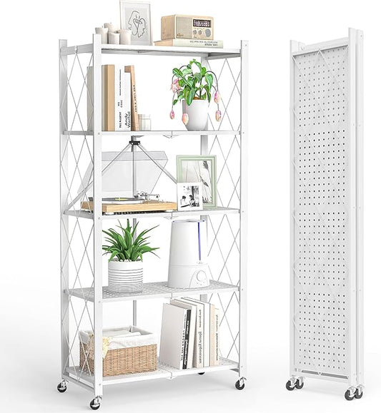 5-Tier Folding Metal Storage Shelf with Wheels, Heavy Duty Organizer Rack Holds 750 lbs, No Assembly Utility Shelving for Kitchen, Garage, Pantry, Living Room, Office (New Upgrade - White, 5 Tier)
