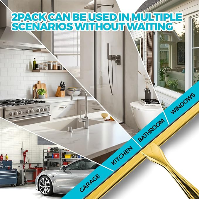 2PACK 10-Inch Golden All-Purpose Shower Squeegee for Shower Doors, Bath Linen Sets, Tile Shower Walls, Bathroom, Window, Glass and Car Windshield, Mirrors and Kitchen-Stainless Steel