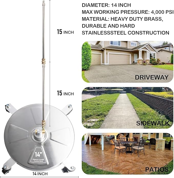 Hourleey 14" Pressure Washer Surface Cleaner, Stainless Steel Surface Cleaner with 4 Wheels for Concrete, Patio, Sidewalk, Deck, Pathway 1/4" Quick Connector, 2 Extension Wand, 4000 PSI