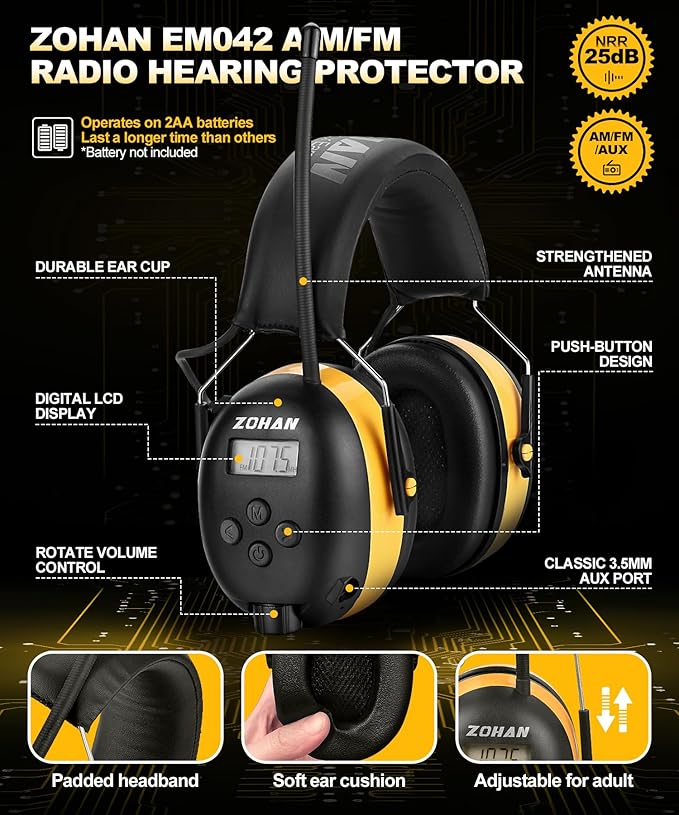 ZOHAN EM042 AM/FM Radio Headphone with Digital Display,Ear Protection Noise Reduction Safety Ear Muffs,Ultra Comfortable Hearing Protector for Lawn Mowing and Landscaping - Yellow