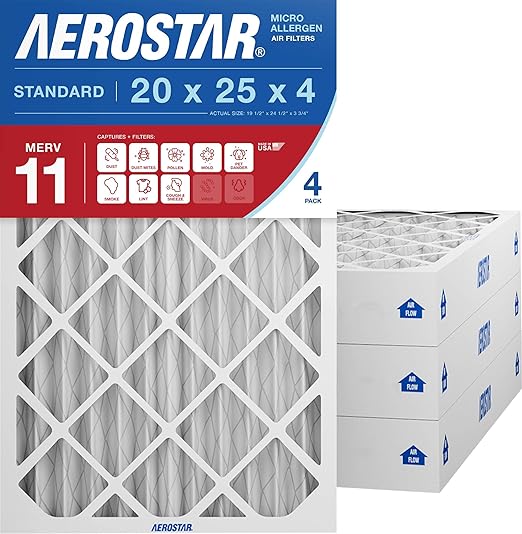 Aerostar 20x25x4 MERV 11 Air Filter, 4 Pack Set of HVAC Furnace Filters, Electrostatic MPR 1000-1200 & FPR 7 (Actual Size: 19 1/2 x 24 1/2 x 3 3/4 inches)