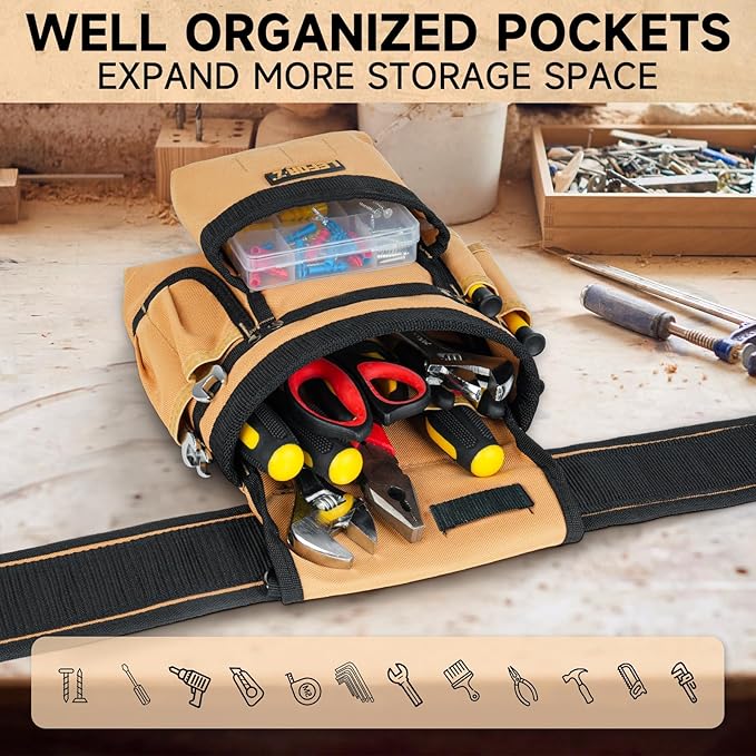 Tool Belt,Magnetic Tool Pouch,27-Pockets Heavy Duty Tool Belts for Men with 4 D-Rings,Detachable Tool Pouch Bag for Electrician,Carpenter,Construction,Utility Belt,Valentines Day Gifts for Men,Brown