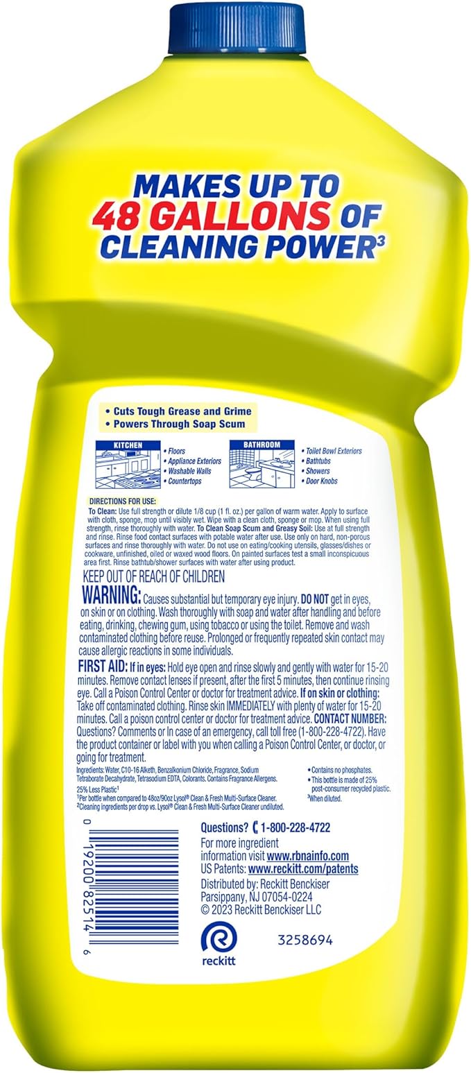 Lysol Power Clean Multi-Surface Cleaner, 2x Concentrated Pour, Sparkling Lemon & Sunflower Essence scent, 48 Fl Oz