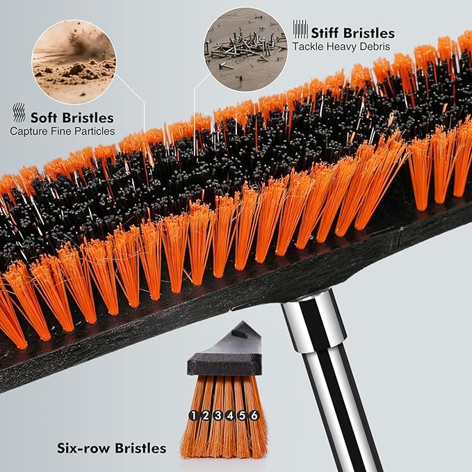 24" Push Broom, Heavy Duty Outdoor Commercial Broom for Cleaning with 55" Long Handle and Stiff Bristles, for Driveway Garage Yard Patio Warehouse Concrete Floor Cleaning,Orange