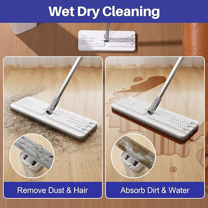 Mop and Bucket Set, Flat Mops for Floor Cleaning, Wall Mop with 60" Extensible Handle, Hardwood Floor Mop with 4 Microfiber Pads