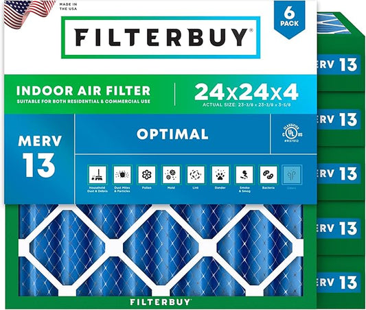 Filterbuy 24x24x4 Air Filter MERV 13 Optimal Smoke & Allergy Defense (6-Pack), Electrostatic Pleated HVAC AC Furnace Filters Replacement, Made in USA (Actual Size: 23.38 x 23.38 x 3.63)