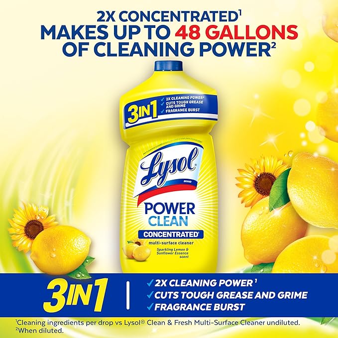 Lysol Power Clean Multi-Surface Cleaner, 2x Concentrated Pour, Sparkling Lemon & Sunflower Essence scent, 48 Fl Oz
