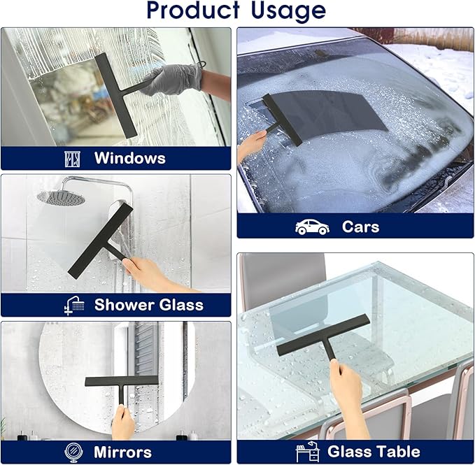 Shower Squeegee for Shower Glass Door Bathroom Accessories Squeegee Scraper Scrubber Rubber Blade with Holder Wiper Cleaning Tool for Bathroom Tile Window and Mirror- Black - 9 Inch