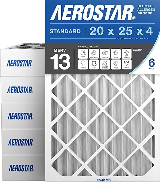 Aerostar 20x25x4 MERV 13 Air Filter, 6 Count, ACTUAL SIZE (19.50 x 24.50 x 3.75) HVAC, Furnace Filter for Allergies, Dust, Pet Dander & Smoke (MPR 1500 / FPR 10) Fits Lennox & Honeywell Devices