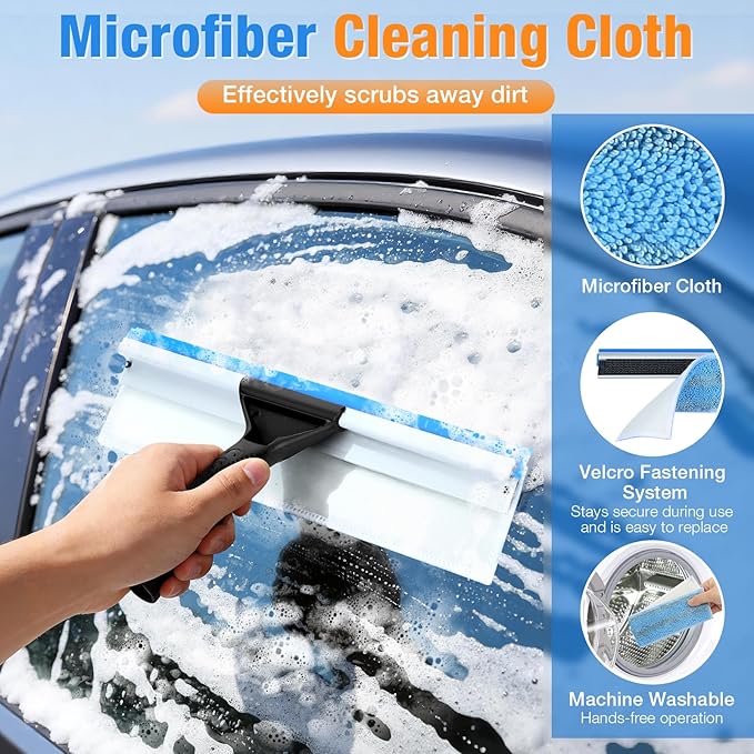 Window Squeegee for Home Window Cleaning,2-in-1 Window Cleaner Tool with Washable Microfiber Cloth, 13.8" Shower Squeegee for Glass Door,Mirror,Car Windshield,Outdoor Window Cleaning,Blue