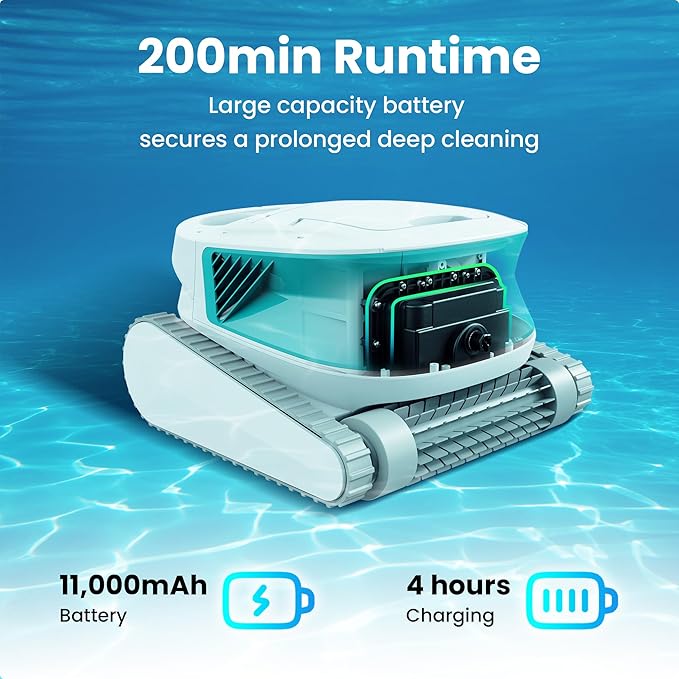 (2026 Upgrade) Hydro 3 All-in-one Pool Vacuum Robot, 200mins Runtime Cordless Pool Cleaner, 2 150W Brushless Motor+Floor/Wall/Waterline Scrubber Brush,Ideal for Inground/Above-Ground Swimming Pools