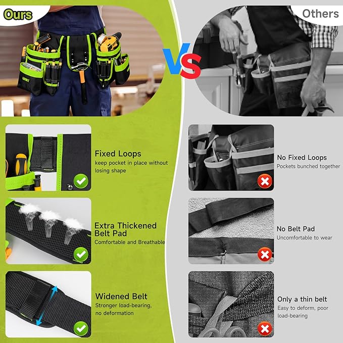 Tool Belt,Magnetic Tool Pouch,27-Pockets Heavy Duty Tool Belts for Men,Detachable Tool Pouch Bag for Electrician,Carpenter,Construction,Work Apron,Utility Belt,Valentines Day Gifts for Men,Black,Green