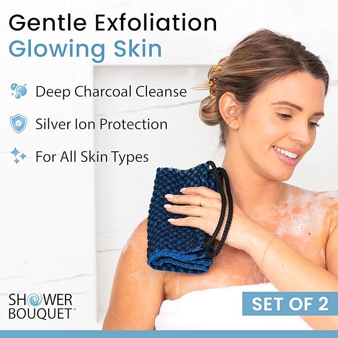 Japanese Exfoliating Washcloth for Back & Body - Charcoal & Silver Ion Exfoliating Towel - Two-Sided Gentle Exfoliation