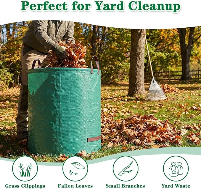 FEED GARDEN 72 Gallon Reusable Yard Waste Bags, 3 Pack Heavy Duty Lawn and Leaf Bags with 4 Reinforced Handles Stand Up for Leaves Grass Clippings Debris Includes Gardening Gloves