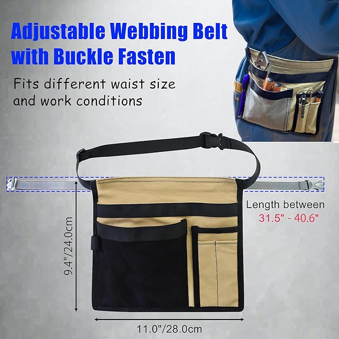5-Pocket Utility Tool Belt Pouch for Men and Women, Adjustable Canvas Waist Belt Bag for Electrician Maintenance Gardening Carpentry, Durable Multi Work Apron for Tools & Accessories (Black + Yellow)