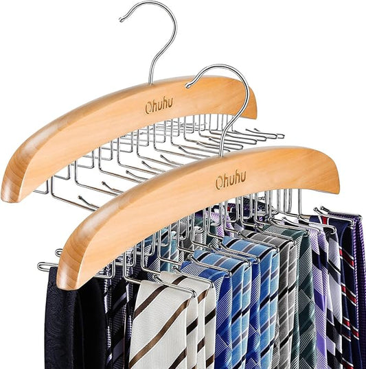 Tie Rack Hanger for Closet: Ohuhu 2 Packs 24 Folding Hooks Tie Hangers for Men Wooden Tie Holder Organizer Space Saving Necktie Storage 360 Degree Rotating Ties Belts Scarves Tank Tops-Burlywood