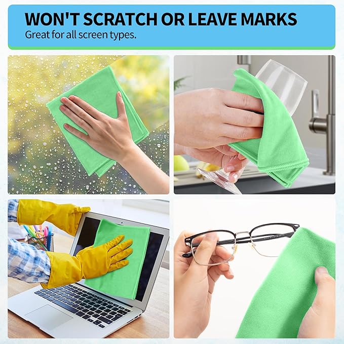 HOMERHYME Microfiber Cleaning Cloth, 12 Pack Window Glasses Cleaning Cloth, Reusable Lint-Free Streak Free Polishing Cloth Wipes for Stainless Steel, Eyeglass, Mirror, Screen & Lense, Sage Green