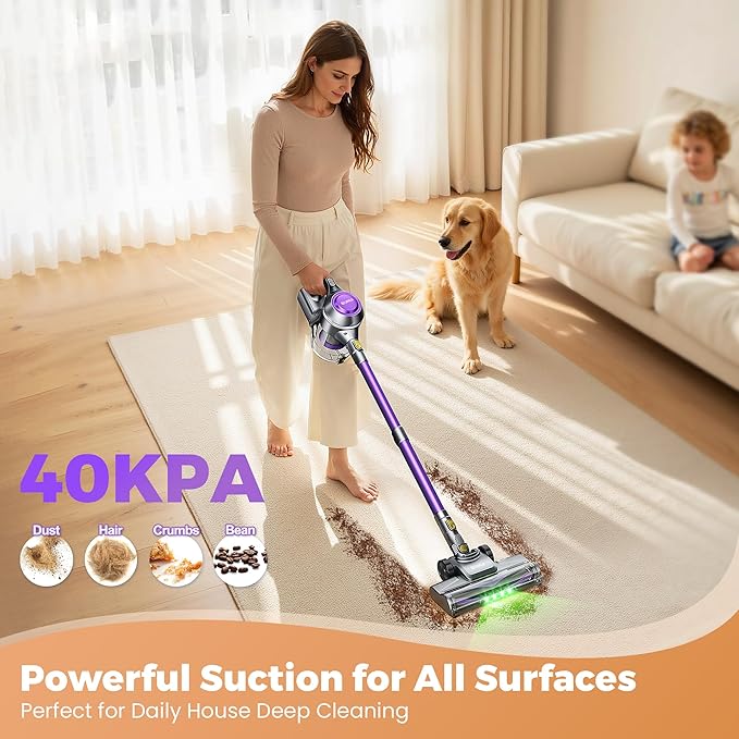 Cordless Vacuum Cleaner, 40Kpa Powerful Suction Stick Vacuum Cleaners for Home, 45 Mins Runtime, 1.6L Dust Box, Anti-Tangle, 8-in-1 Rechargeable Vacuum for Hardwood Floor,Carpet,Pet Hair (Purple)