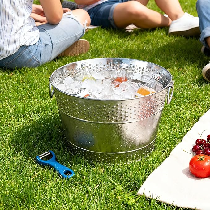 2PCS Galvanized Tub Ice Bucket For Parties, Thick Metal Galvanized Drink Buckets, Beverage Bucket with Handles,Drink Bucket for Indoor & Outdoor Party (Sliver)