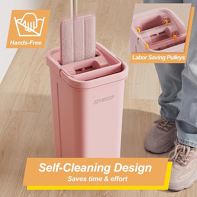JOYMOOP Pink Mop and Bucket with Wringer Set for Home, with 5 Reusable Microfiber Mop Pads, Hands-Free Self-Cleaning System, Suitable for Floor Cleaning and Wall Cleaner