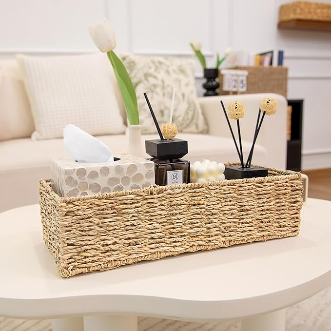 HOMESTEAD 2-Pack Rectangular Seagrass Storage Baskets with Built-In Handles, Handwoven Wicker Baskets for Pantry, Shelf, Closet & Bathroom Organization, 16 × 6.75 × 4.25 in