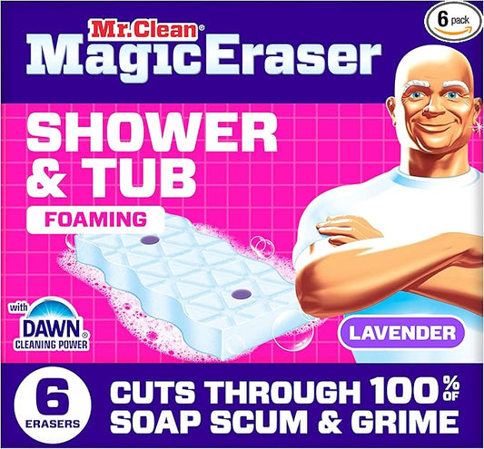 Mr. Clean Magic Eraser Sponge, Bathroom, Shower, Tub Cleaner, Soap Scum Remover, Bathroom Cleaning Supplies, Dawn Cleaning Power with Lavender Scent, Shower & Tub, 6ct