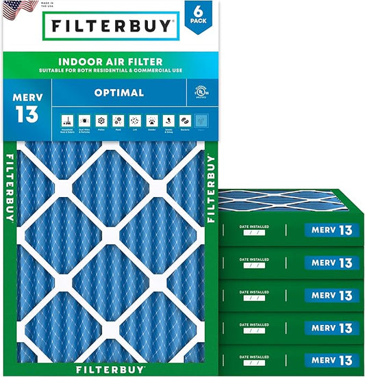 Filterbuy 14x24x2 Air Filter MERV 13 Optimal Smoke & Allergy Defense (6-Pack), Electrostatic Pleated HVAC AC Furnace Filters Replacement, Made in USA (Actual Size: 13.50 x 23.50 x 1.75)