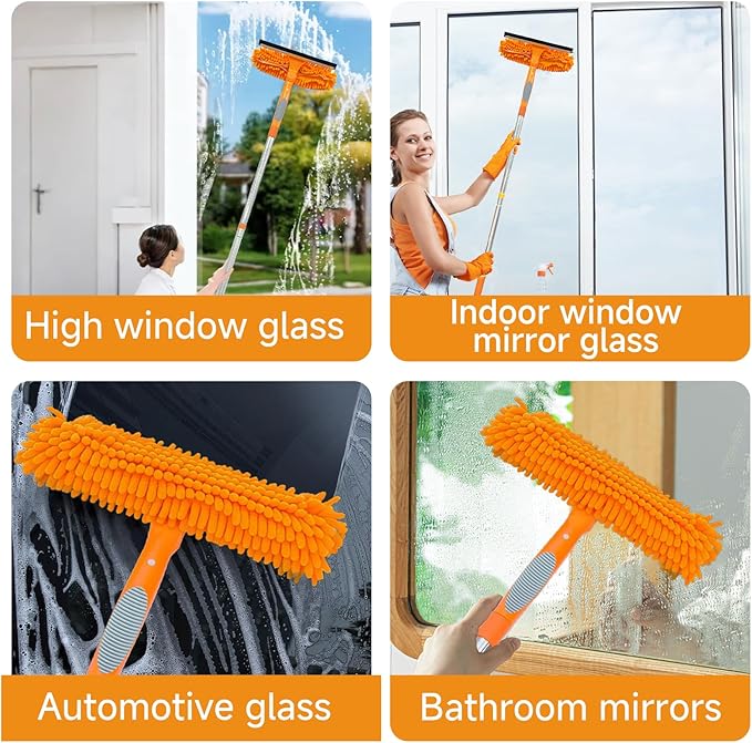 152" Squeegee Window Cleaner 2 in 1 Rotatable Window Cleaning Tool Kit with Extension Pole, Window Washing Equipment with Bendable Head for Indoor/Outdoor Window and Car Glass