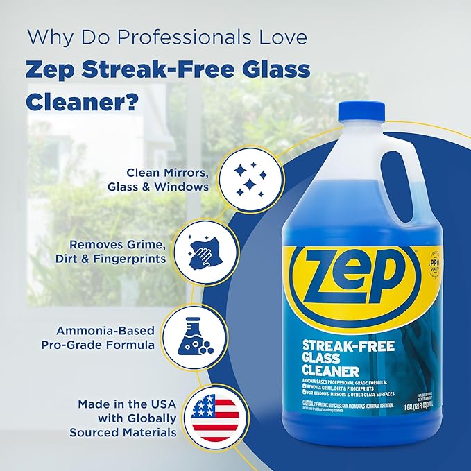 Zep Streak-Free Glass Cleaner - 1 Gallon (Case of 4) ZU1120128 - Professional Grade Formula that Cleans Dirt, Fingerprints, Grime, Smoke Haze, and Toothpaste on Windows, Mirrors, and Other Glass