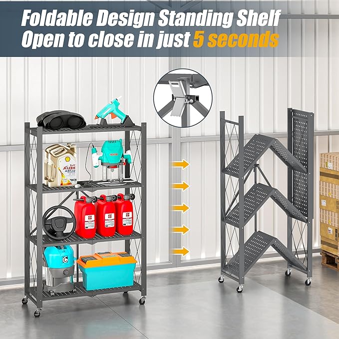 4-Tier Folding Metal Storage Shelf with Wheels, No Assembly Organizer Rack, Heavy Duty Collapsible Shelving Unit for Garage, Kitchen, Basement, Pantry, Living Room(New Upgrade - Gray, 4 Tier)