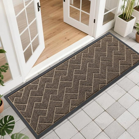 OLANLY Front Door Mat Indoor Outdoor Entrance, Waterproof All-Season, All-Weather Doormat, Sturdy Natural Rubber, Low Profile, Easy Clean Patio Porch Entryway Mat, Herringbone Brick (Brown, 47x17)