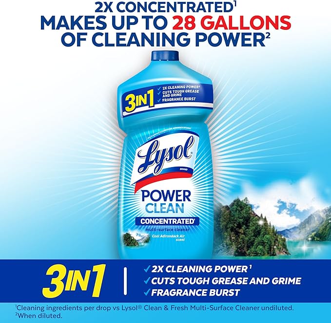 Lysol Power Clean Multi-Surface Cleaner, 2x Concentrated Pour, Cool Adirondack scent, 28 Fl Oz