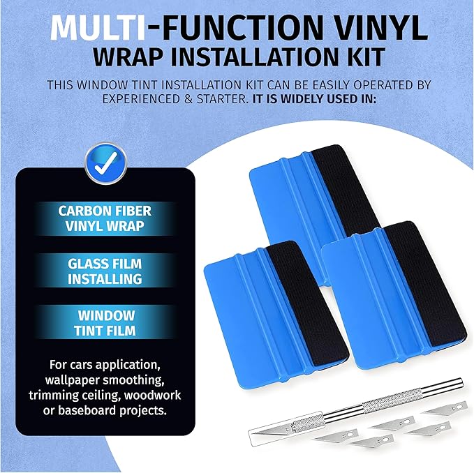 Durable Black Felt Edge Vinyl Squeegee Tool 4-Inch & Craft Knife, Car Vinyl Film Wrapping Decal Window Tint Work, Professional Scratch Free Squeegee (Pack of 3)